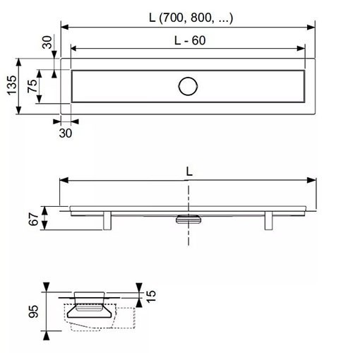 TECE комплект для монтажа душевого трапа 700мм с решеткой, linus - 15100079