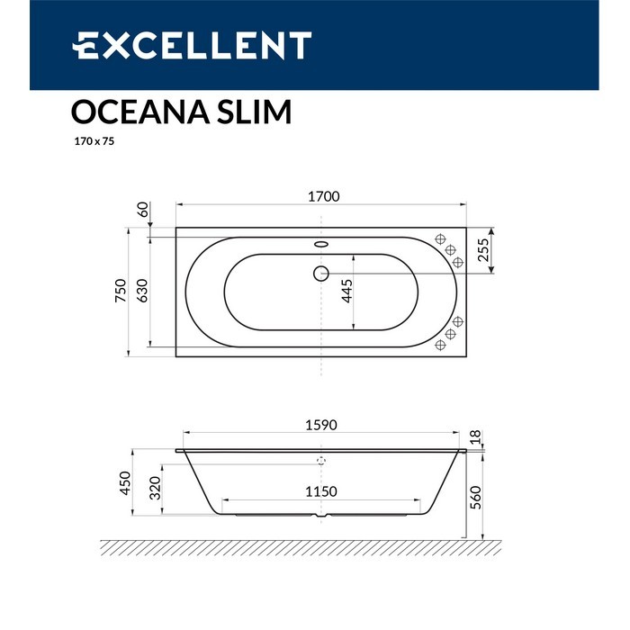 Встраиваемая ванна slim 170x75 line, Excellent Oceana, золото арт. WAEX.OCE17S.LINE.GL