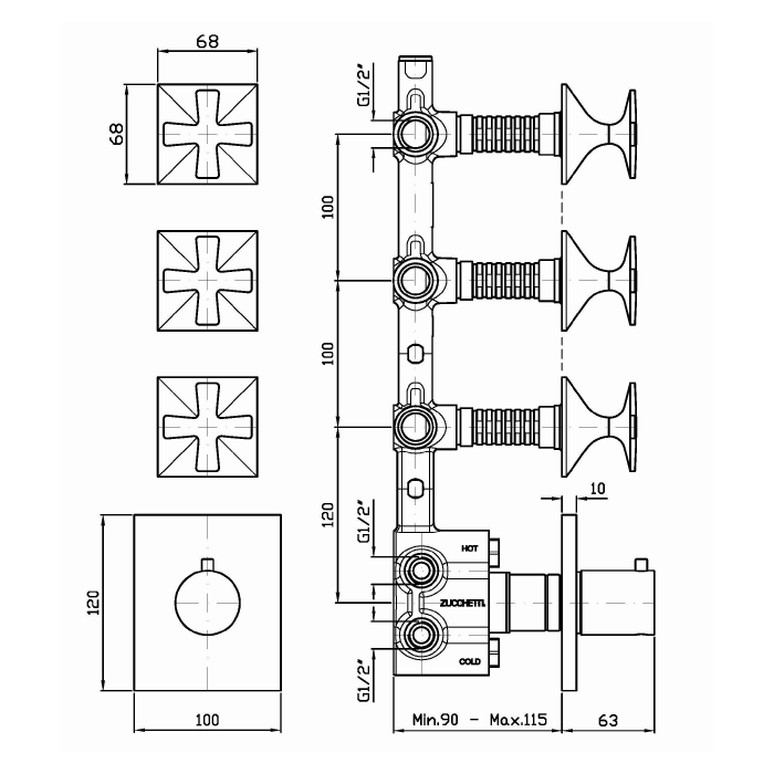 Zucchetti смеситель для душа, встраиваемый, термостатический, с 3 запорными клапанами, bellagio, золото арт. zb1661.c40
