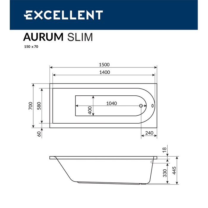 Встраиваемая ванна slim 150x70 aero, Excellent Aurum, хром арт. WAEX.AUR15S.AERO.CR