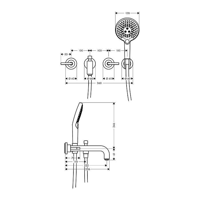 AXOR смеситель для ванны, настенный с душем, Citterio, хром арт. 39448000