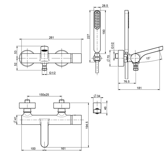 Fima Carlo Frattini смеситель внешнего монтажа на ванну с душевым комплектом, nomos go, хром арт. f4164cr