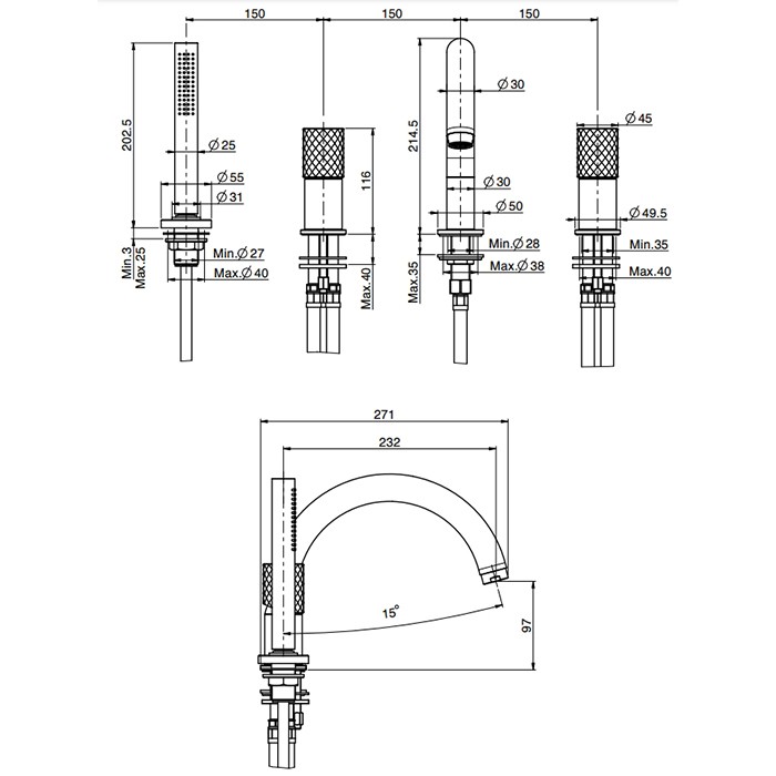 Fima Carlo Frattini смеситель на борт ванны, на 4 отв., с ручным душем., spillo tech, золото арт. f3044tnxor