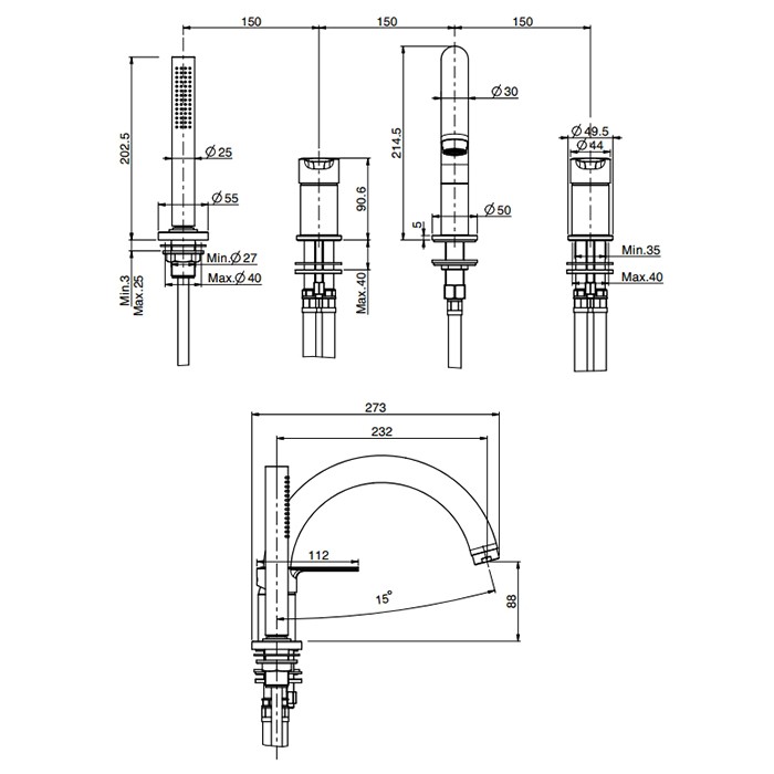Fima Carlo Frattini смеситель на борт ванны, на 4 отв., с ручным душем, mast, черный арт. f3144nns