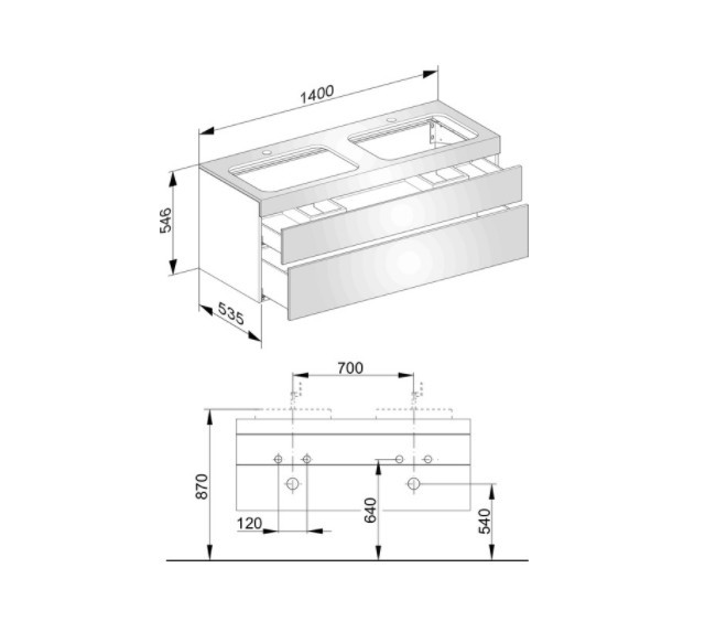 Keuco тумба подвесная под две раковины с отверстием под смесители, с двумя выдвижными ящиками, edition 400, белый арт. 31574 380100