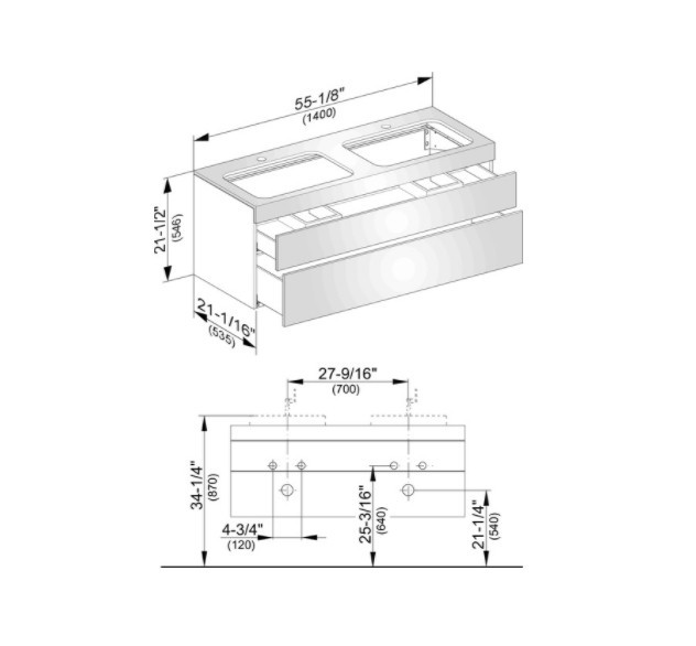 Keuco тумба подвесная под две раковины с отверстием под смесители, с двумя выдвижными ящиками, edition 400, белый арт. 31574 380100