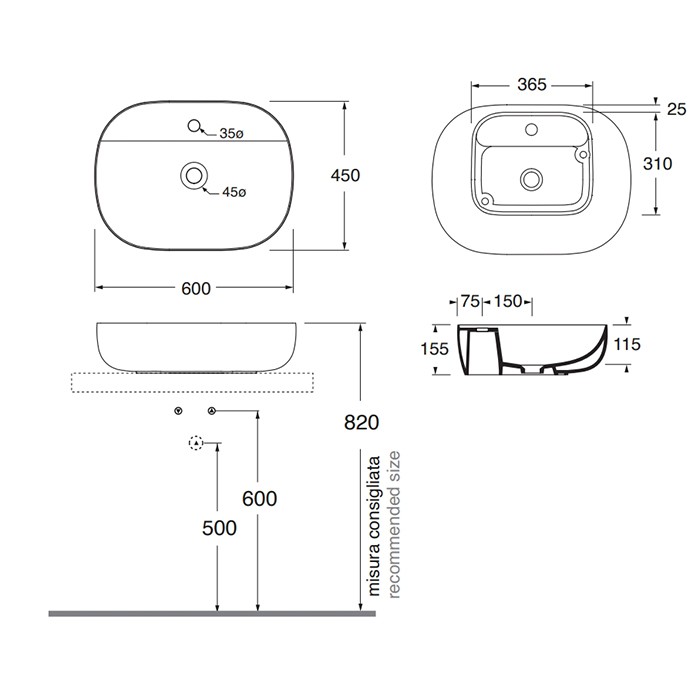 Azzurra раковина 60х45х15см., накладная, 1 отв., Azzurra, ELLA060450ZMCA/(ZIP60 M/CA)*1 цвет: carbone/coal