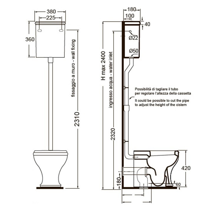 AZZURRA унитаз напольный 52х40см, слив универсальный, с креплением vfv, CHARME, CHVCTT000000BI CHCSAL000000BI/(CHA400/С bi) 754591oro 757391 цвет: белый с высоким бачком, трубой и механизмом золото. с сиденьем шарниры золото