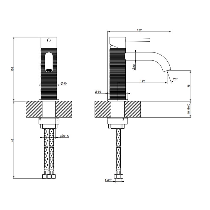 Gessi Смеситель для раковины на 1 отверстие, без донного клапана, излив 123мм, 316, 54302#707 цвет: brushed black metal pvd