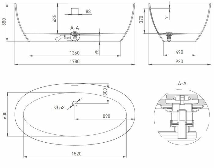 Salini ванна отдельностоящая 178x92, alda, 101911g цвет: глянцевый белый