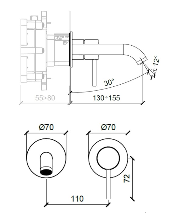 Almar Round внешняя часть смесителя для раковины на 2 отверстия, излив длинной 130-155 мм, цвет никель брашированный