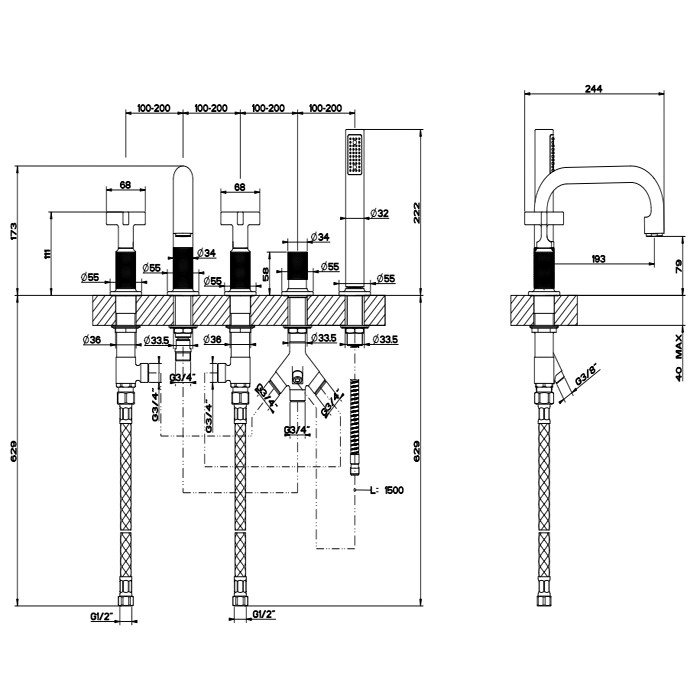 Gessi Смеситель для ванны, на 5 отв., с переключатель потоков, шланг 150см, и ручным душем, Inciso, 58140#246 цвет: золото