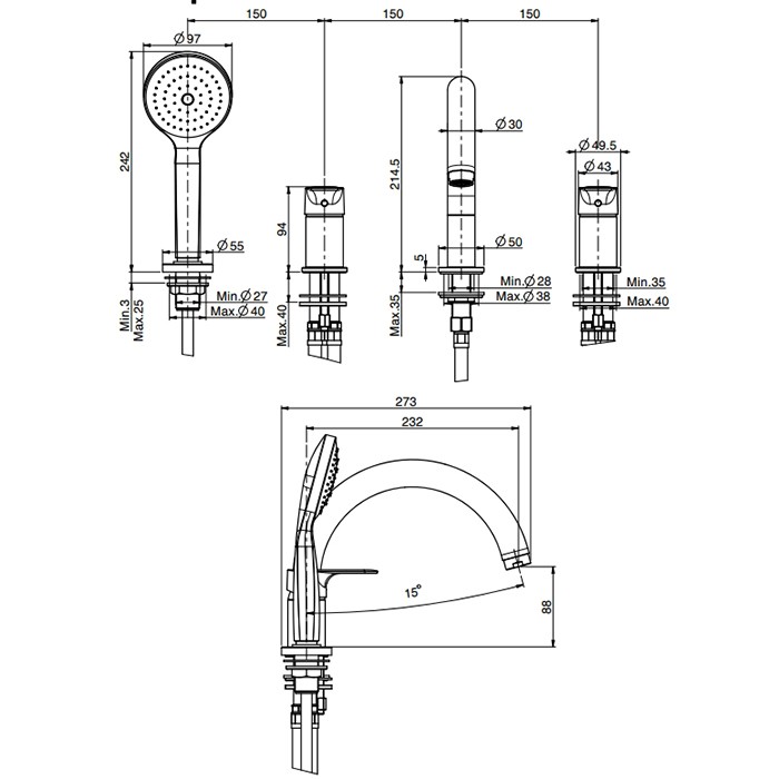 Fima Carlo Frattini смеситель на борт ванны, на 4 отв., с ручным душем, serie 22, черный арт. f3844nns