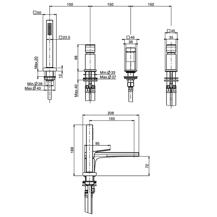 Fima Carlo Frattini смеситель на борт ванны, на 4 отв., с ручным душем, fit, черный арт. f3394nns