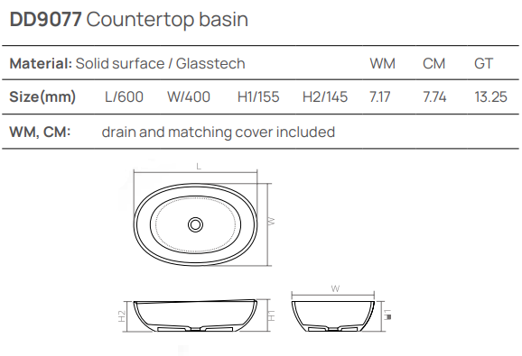 Накладная раковина 600х400хh145/155 мм, DEA Countertop basin, белый арт. DD9077 600 18
