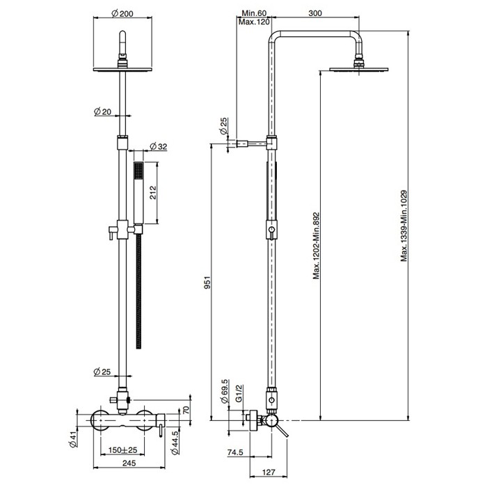 Fima Carlo Frattini душевая система: смеситель для душа с душевой стойкой, верхним душем d 250 мм. и душевым комплектом spillo up, чёрный арт. f3035/2ns