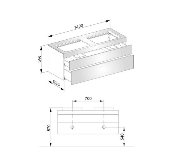 Keuco тумба подвесная под две раковины без отверстий под смесители, с двумя выдвижными фронтами, edition 400, белый арт. 31574 380000