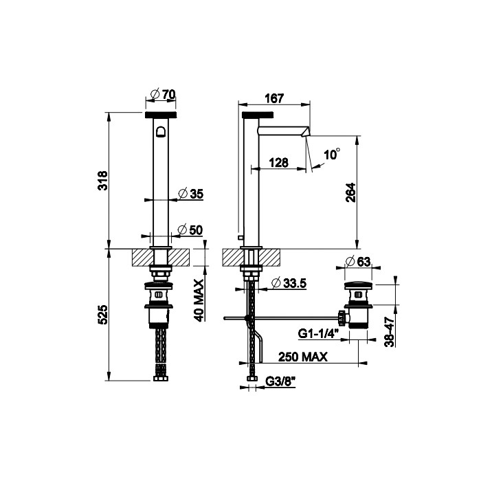 Gessi Смеситель для раковины высокий, излив короткий. С донным клапаном и соединительными шлангами, Anello, 63303#031 цвет: хром