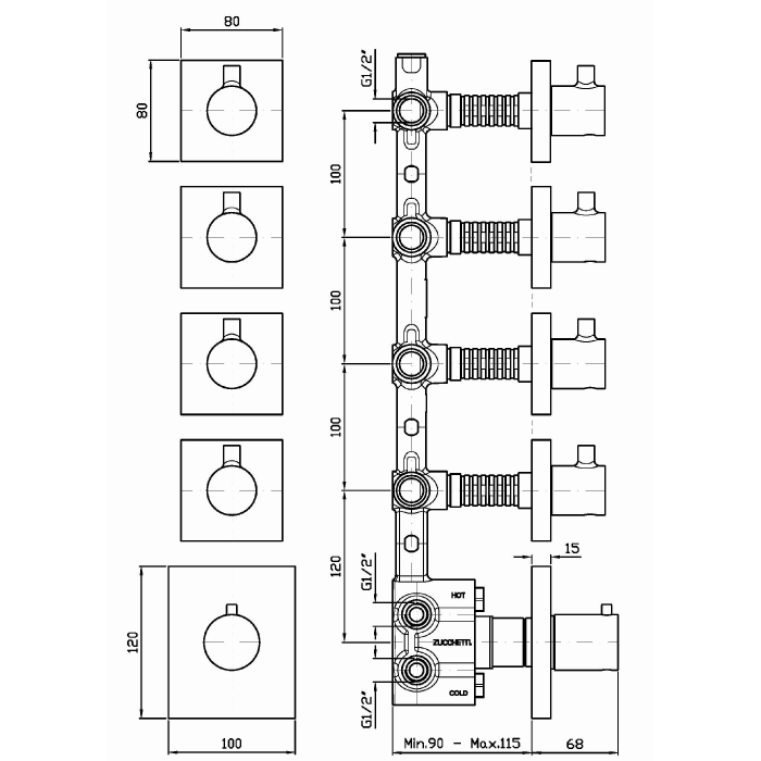 Zucchetti встроенный термостатический смеситель, 1/2”, с 4 запорными клапанами, pan, хром арт. zp8662 r97823