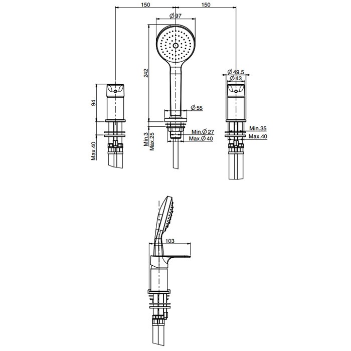 Fima Carlo Frattini смеситель на борт ванны, на 3 отв., с ручным душем, serie 22, черный арт. f3844/1nns