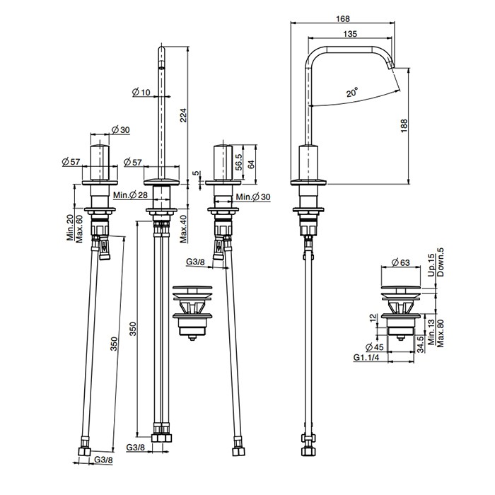 Fima Carlo Frattini смеситель для раковины, на 3 отверстия, без ручек, с донным клапаном click-clack, sottolavabo, золото арт. f3191aor