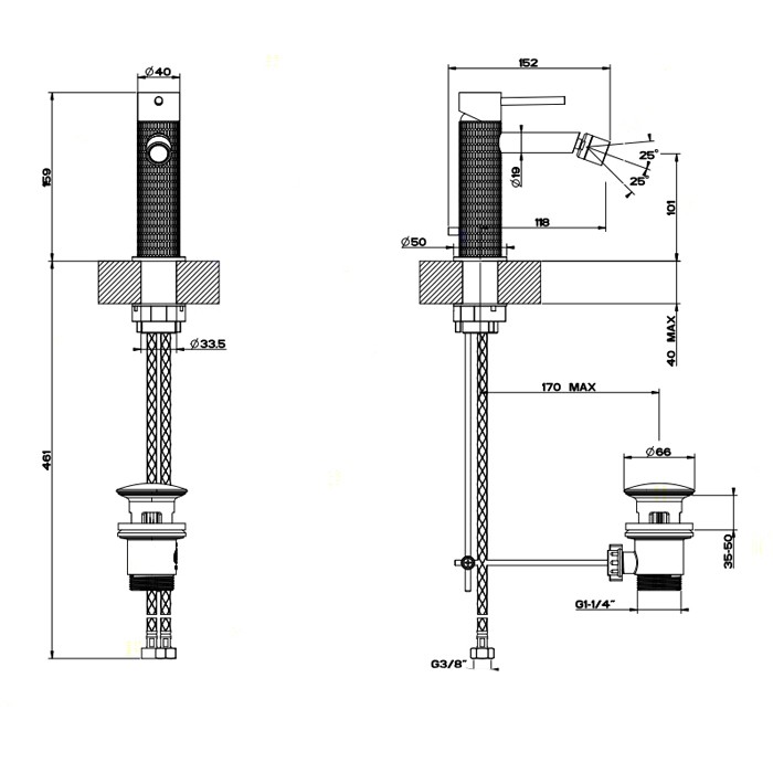 Gessi Смеситель однорычажный для биде с донным клапаном, Meccanica, 54207#239 цвет: шлифованная сталь