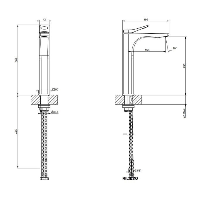 Gessi Смеситель для раковины на 1 отв. без донного клапана h=301мм, излив 159мм, Rilievo, 59010#031 цвет: хром