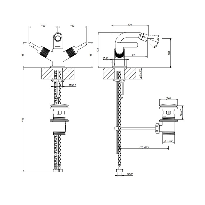 Gessi Смеситель для биде, двухвентильный, с донным клапаном на 1 1/4", соединительные шланги на 3/8", Inciso, 58027#299 цвет: black xl