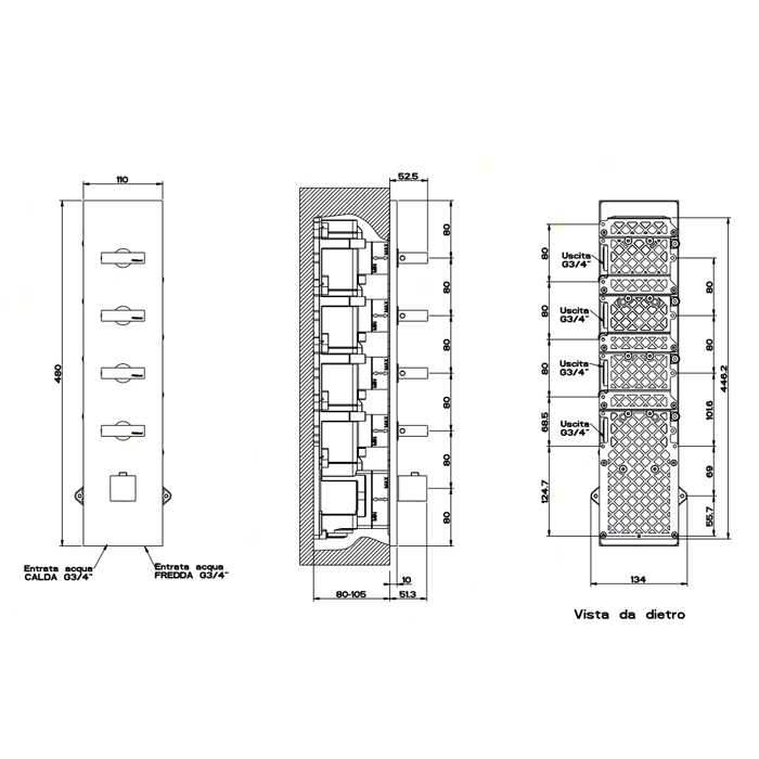 Gessi Встраиваемый термостатический смеситель, подключение на 3/4”, с 4мя независимыми выходами, Rettangolo, 43028#031 цвет: хром