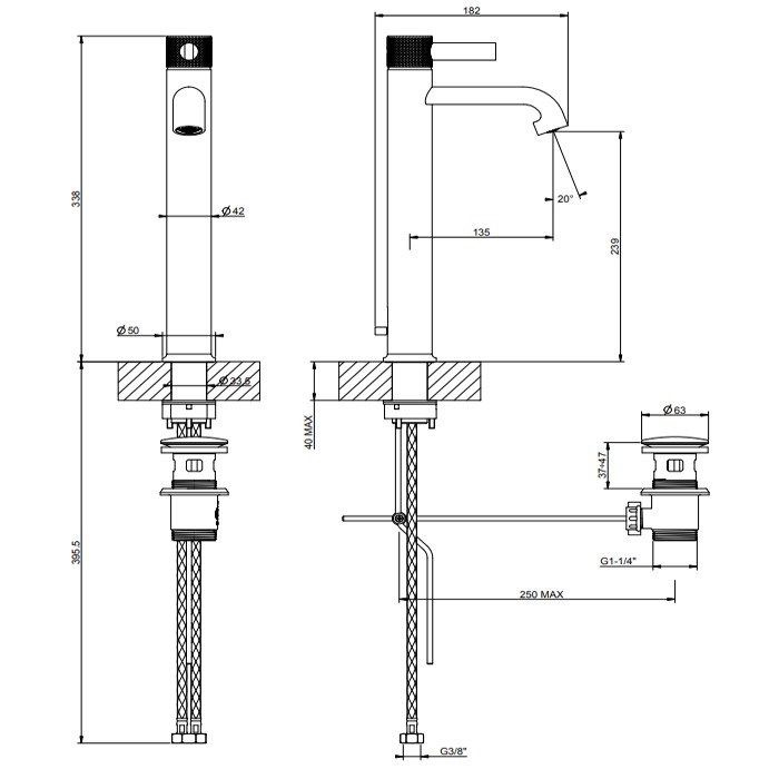 Gessi Смеситель для раковины на 1 отв., с донным клапаном, Inciso, 58003#246 цвет: золото