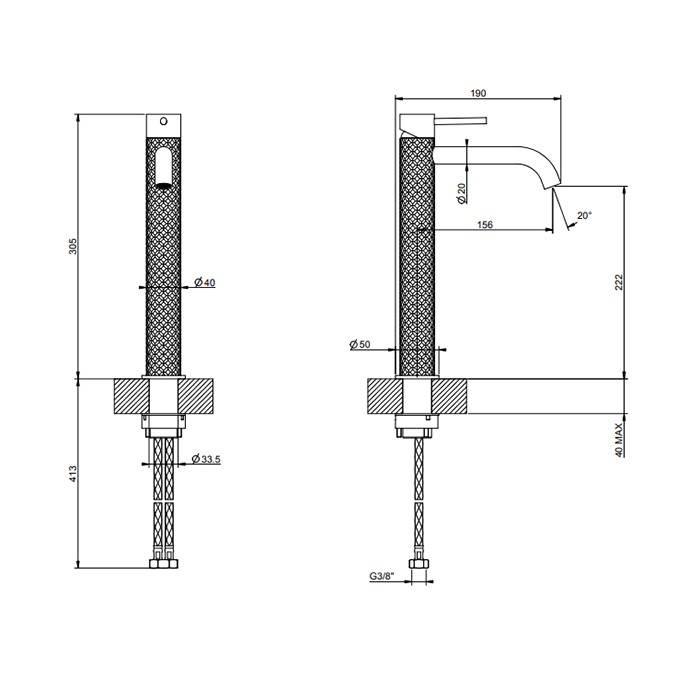 Gessi Смеситель для раковины, на 1 отв., высокий, h: 305мм, излив: 123мм, 316, 54106#707 цвет: brushed black metal pvd