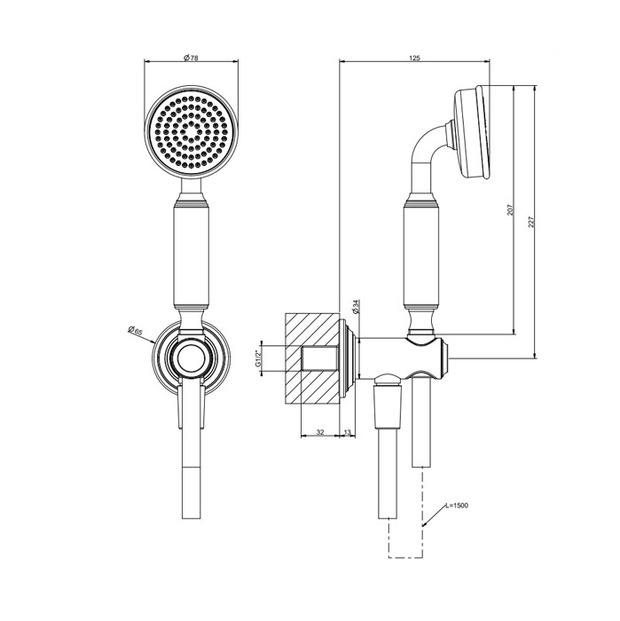 Gessi Комплект для душа с ручным душем, шлангом 1500 мм., держателем с подводом воды, Venti20, 65123#710 цвет: brass pvd