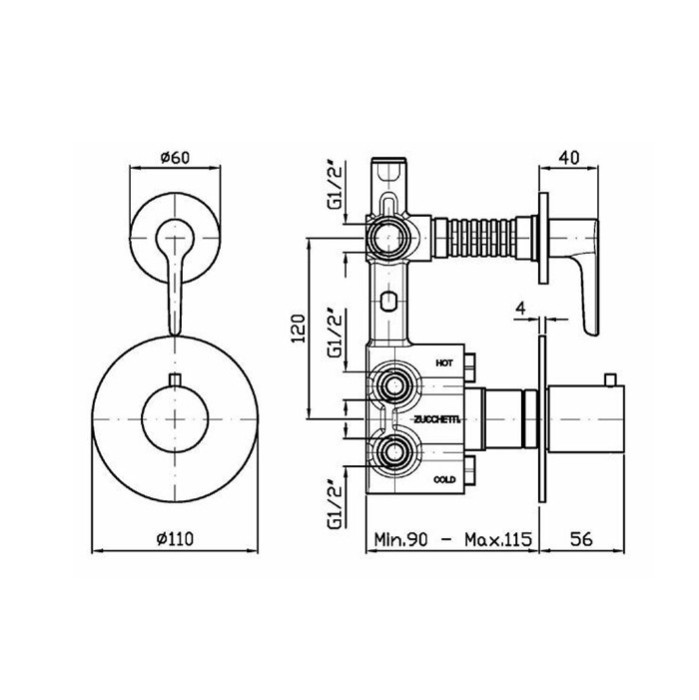 Zucchetti смеситель для душа, термостатический, встраиваемый, с переключателем потоков, medameda, хром арт. zmm659