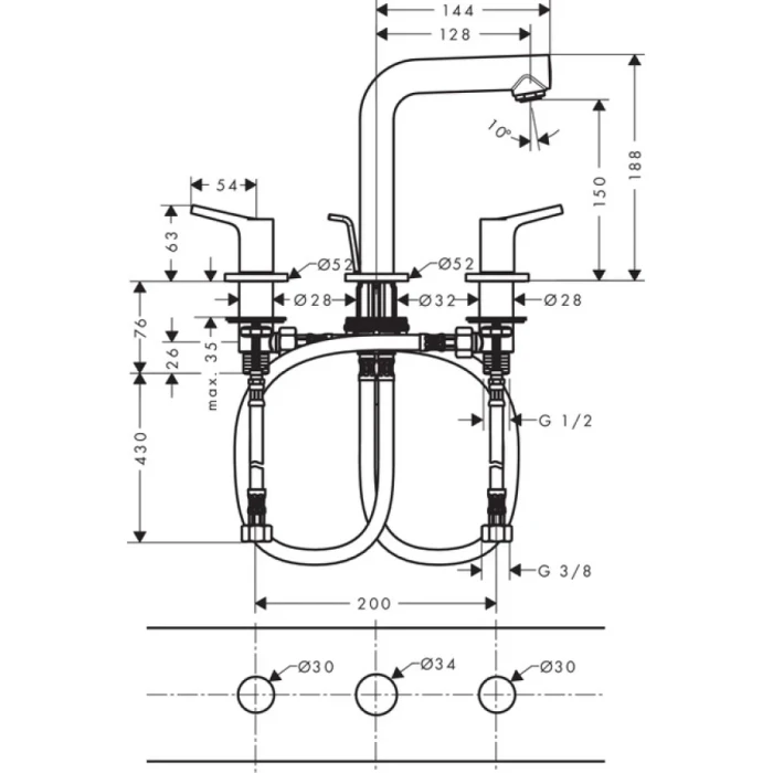 Hansgrohe смеситель для раковины, на 3 отверстия, с донным клапаном, Talis S, хром арт. 72130000