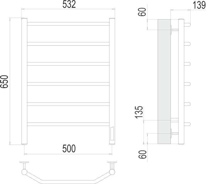 Terminus электрический полотенцесушитель виктория п6 500х650 электро (quick touch), электрика стандарт арт. 4670078531193
