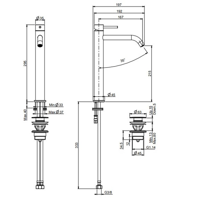 Fima Carlo Frattini смеситель для раковины, высота 295 мм., излив 167 мм., с донным клапаном click-clack, spillo up, черный арт. f3031/hxsns