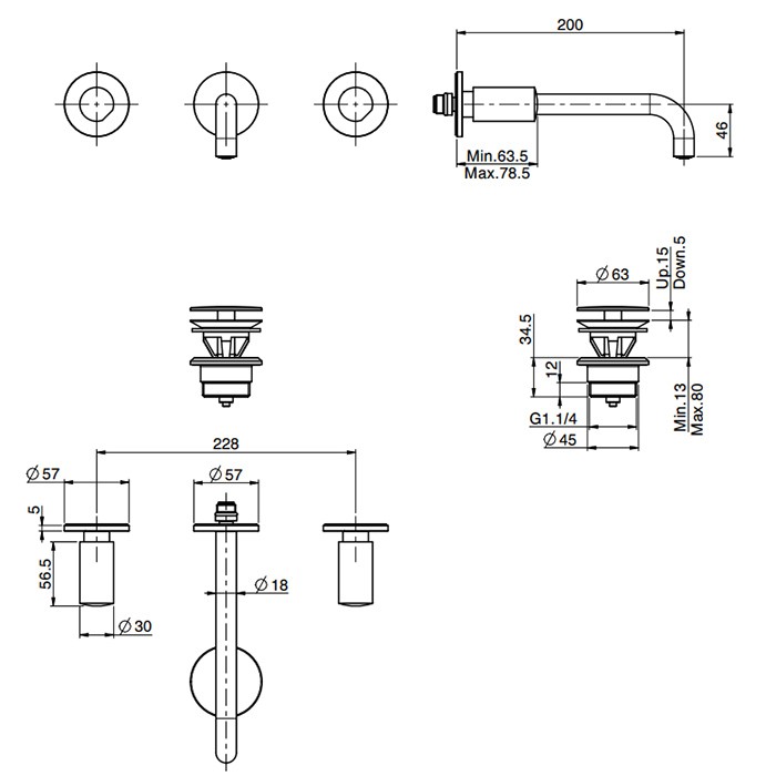 Fima Carlo Frattini смеситель для раковины настенного монтажа, на 3 отв, излив 200 мм, донный клапан click-clack, so, хром арт. f3191l/5cr s4cr