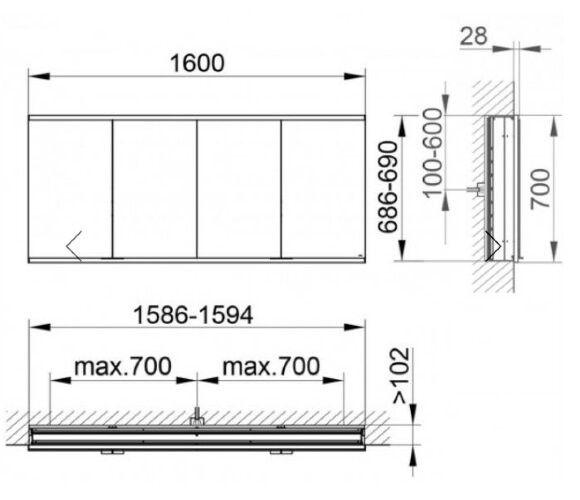 Keuco шкаф без подсветки с четырьмя дверцами, встраиваемый, анодированный, Royal modular 2.0, алюминий серебристый анодированный арт. 800400160000500