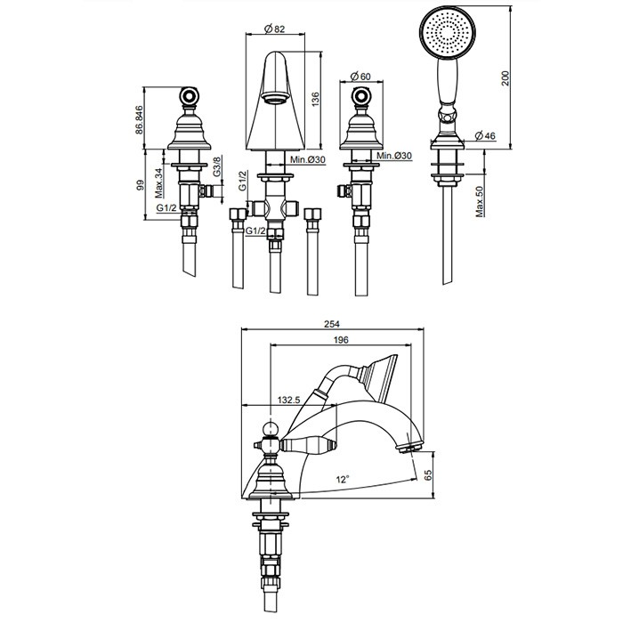 Fima Carlo Frattini смеситель на борт ванны, на 4 отв., с ручным душем, черные ручки, herend, золото арт. f5414cnor