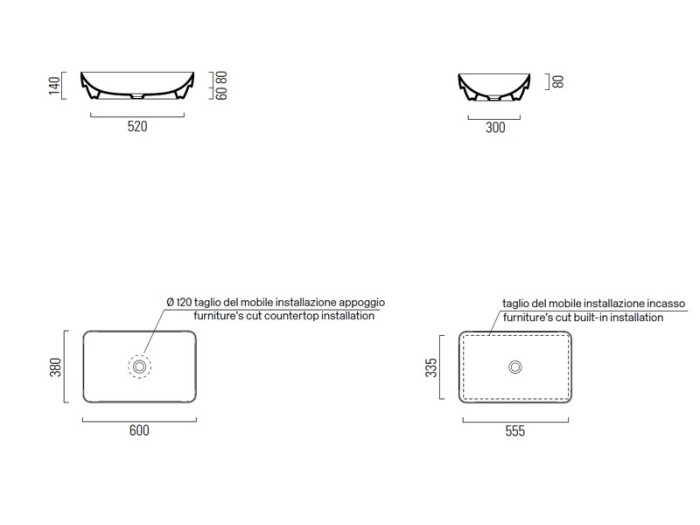 GSI Раковина накладная 60х38х14 см, без перелива, санфарфор, Pura - 883711